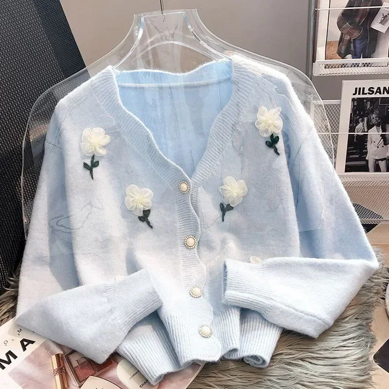 Novo design 3d flor cardigan mulher outono inverno com decote em v malhas feminino doce macio único breasted camisola de malha