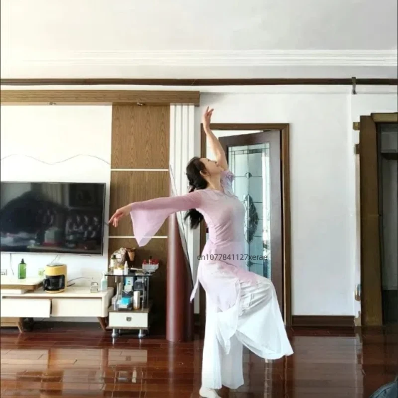 سراويل الرقص العرقي الصيني، سراويل واسعة الساق من نسيج الشاش المتدفق، ملابس تدريب أداء الرقص الكلاسيكي للنساء