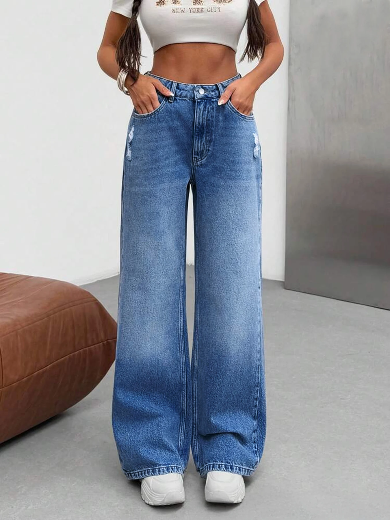 جينز نسائي عالي الخصر واسع الساق على الطراز القديم من التسعينيات، جينز فضفاض، طراز Y2K، مناسب للجينز الربيع والصيف