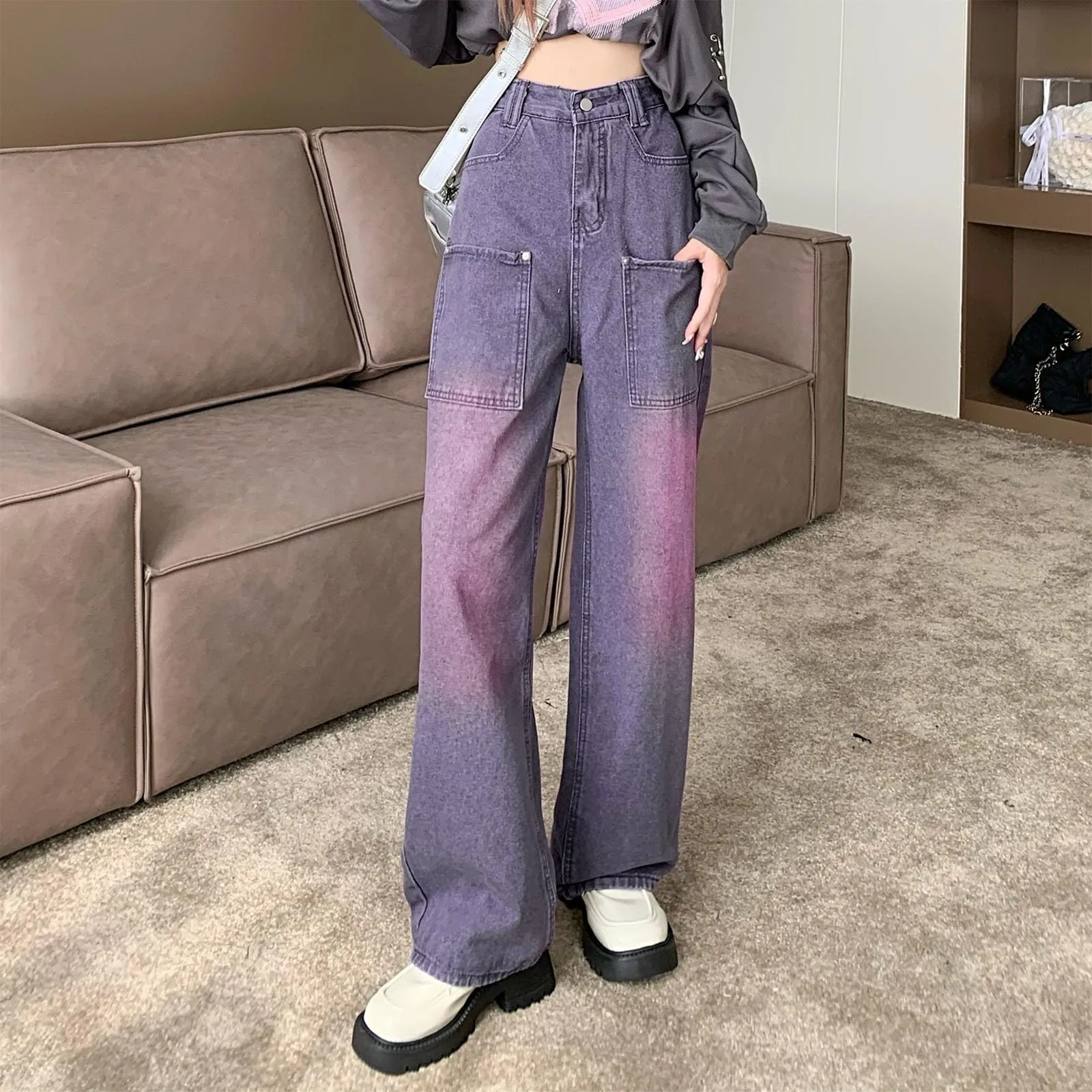 

High Waist Jeans Y2k Baggy Jeans Woman Autumn Loose Straight Wide Leg Purple Pants Korean Fashion Long Denim Pants Women Pants