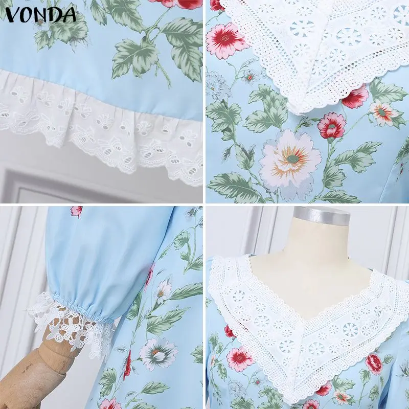 VONDA 보헤미안 꽃 프린트 드레스 여성 긴 퍼프 슬리브 레이스 패치 워크 미니 베스 티드 섹시한 v 넥 패션 streetwear sundress