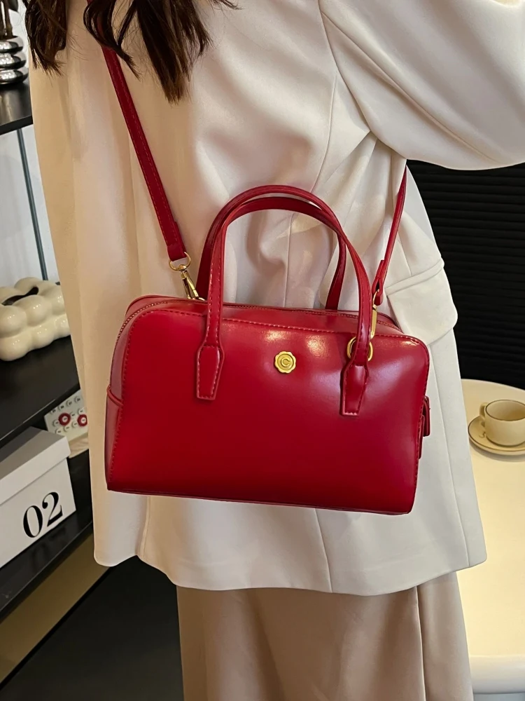 Cherry Red High Quality PU Crossbody Bag 2024 New Ladies Double Zipper Letter Shoulder Bag All-matched Commute Classroom Handbag