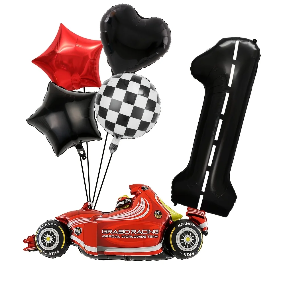 Race Car Number Balloon Set, 40 Inch 0-9 Racing Track Number Foil Balloons with Red Race Car Checkered Flag Balloons for Boys Ki