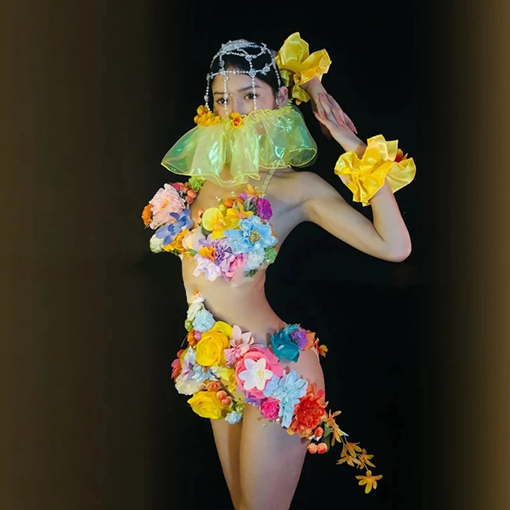 

Women Dancer Show Stretch Stage Costume Outfit Evening Prom Party Biniki Sexy Colorful Big Flowers Transparent Bikini