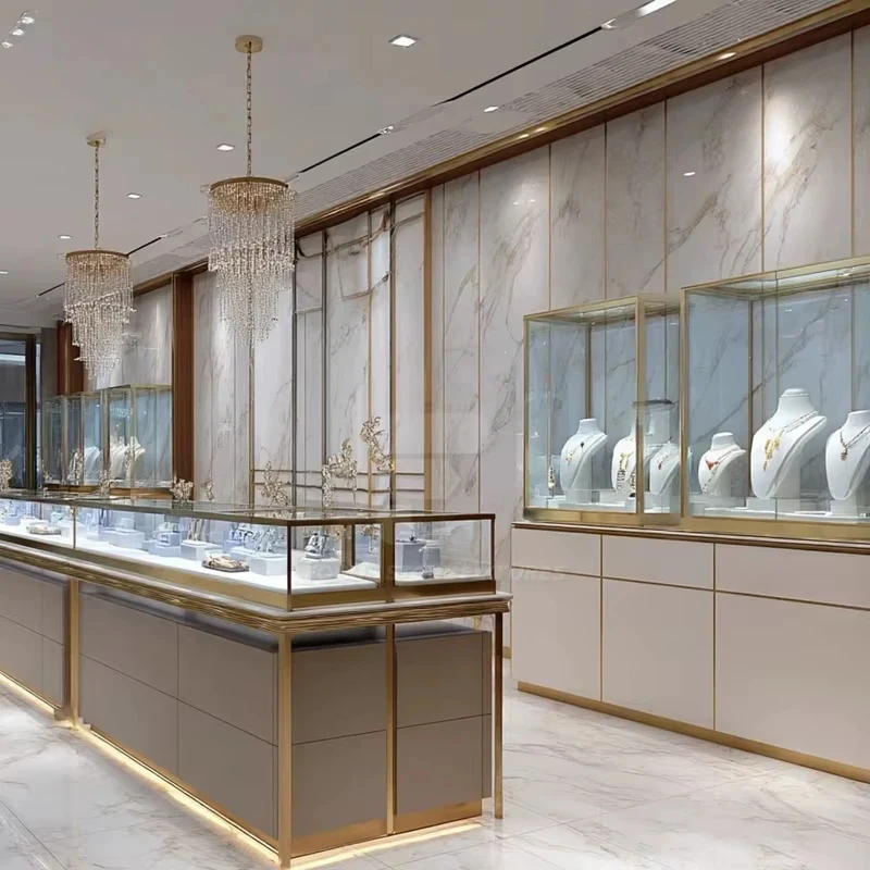 custom.Luxury Custom Aluminum Frame Jewelry Counter with High-Gloss Lacquer Wood Flagship Boutique Interior