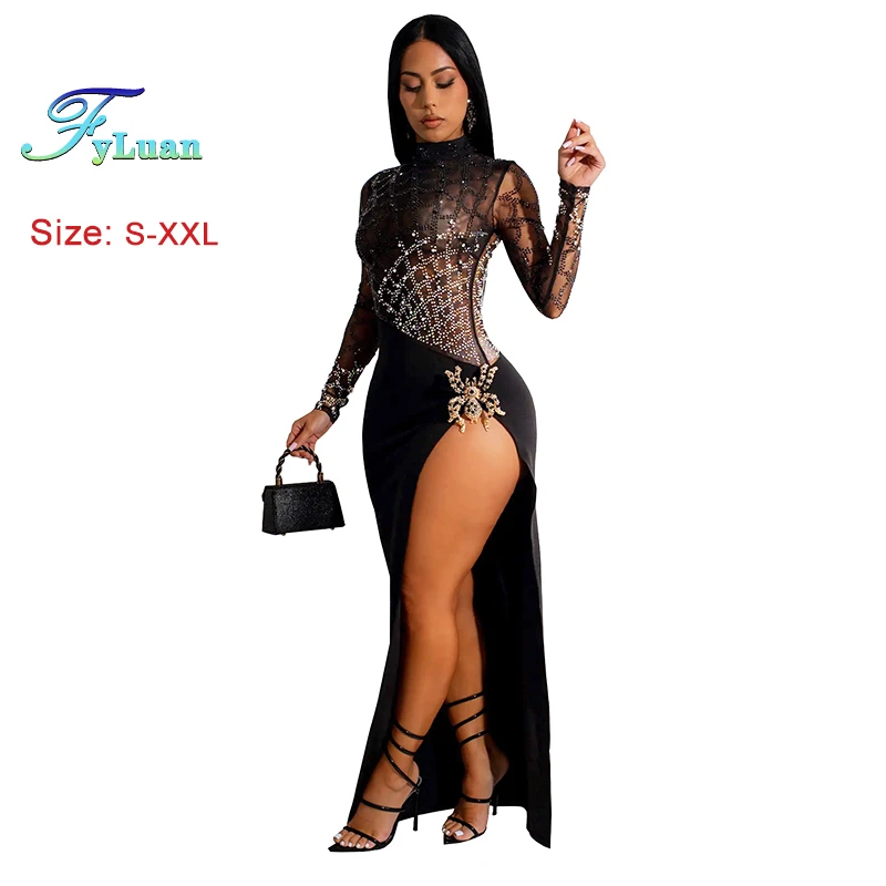 Robes 2025 nouvelle femme diamant chaud Sexy découpe à manches longues fentes robe de soirée Occasion formelle fête soirée cérémonie fille robe