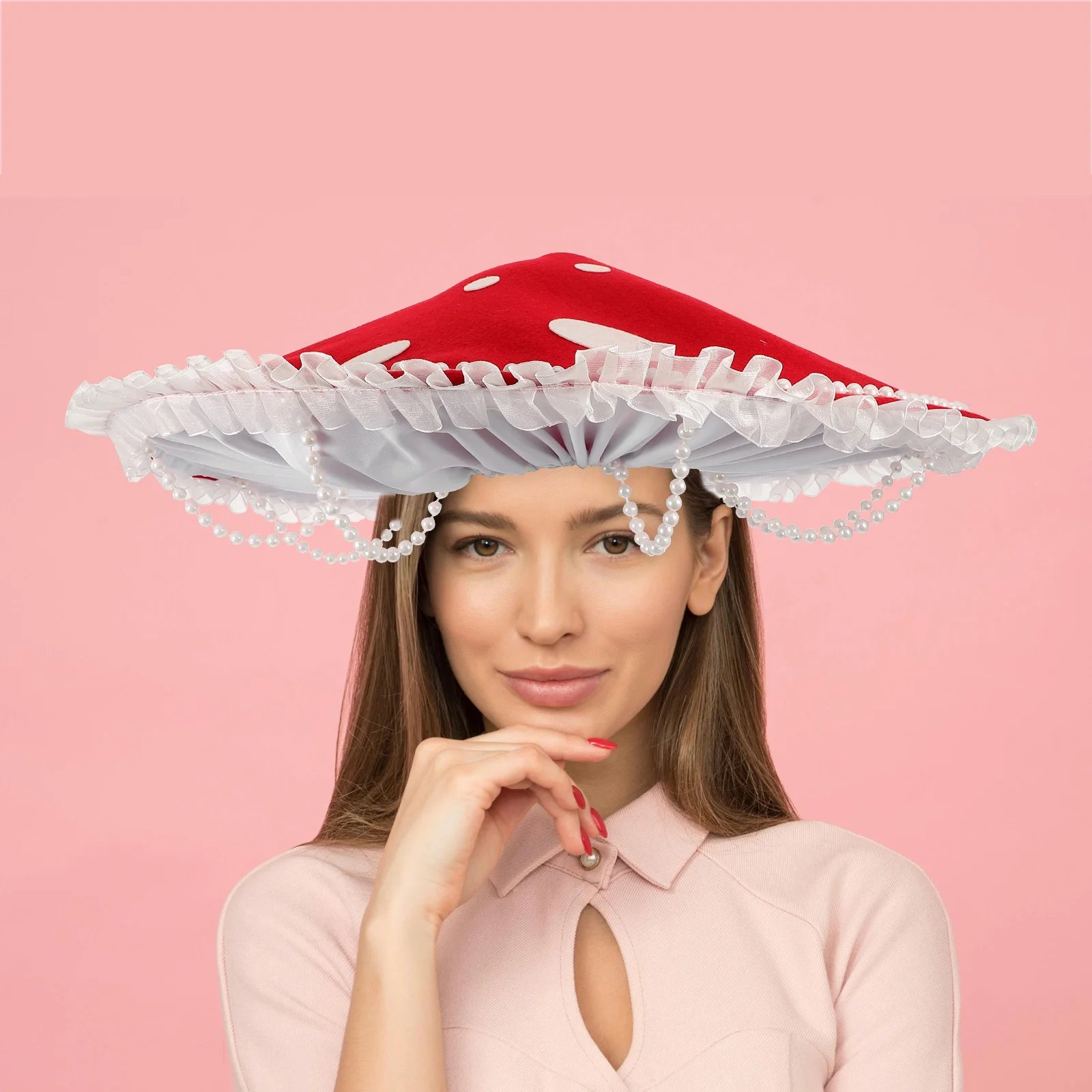 

Red Mushroom Hat Cosplay Party Accessory Pearl Embellishments Women Cap Mushroom Hat Cosplay Accessories Fairy Accessories