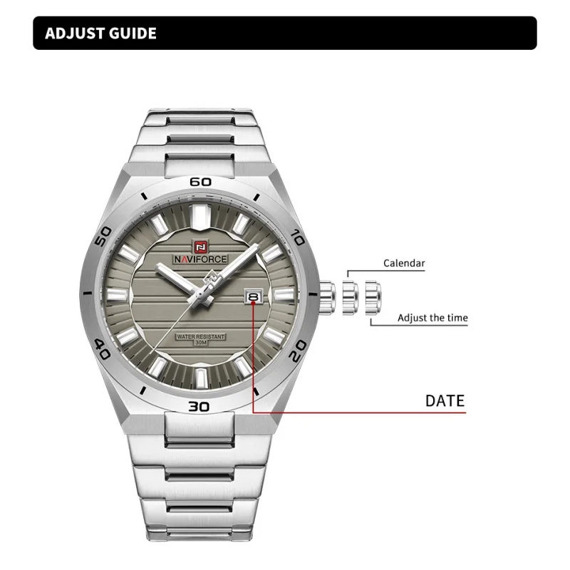 

Male Clock NAVIFORCE Stainless Steel Men's Wristwatch 3ATM Waterproof Simple Fashion with Night Glow Pointer Calendar Display