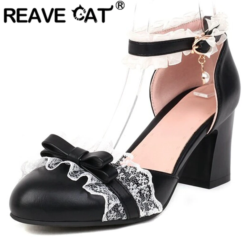 

Женские босоножки с круглым носком REAVE CAT, весенние сандалии с ремешком на щиколотке и пряжкой, милые розовые и белые сандалии с бантом и аппликацией, Размеры 33-43, S3312