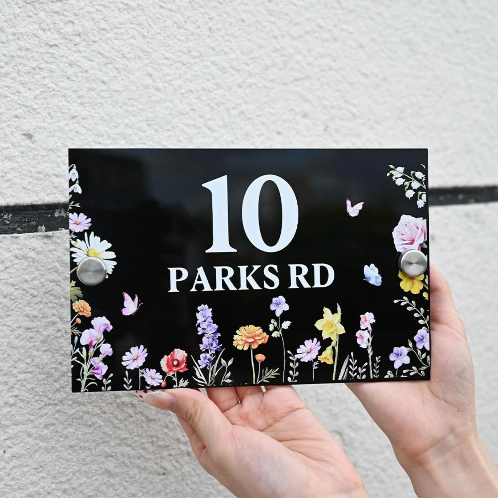 Placa de dirección de flores silvestres personalizada, gris carbón, letrero de jardín acrílico, número de casa moderno, nuevo regalo de decoración del hogar