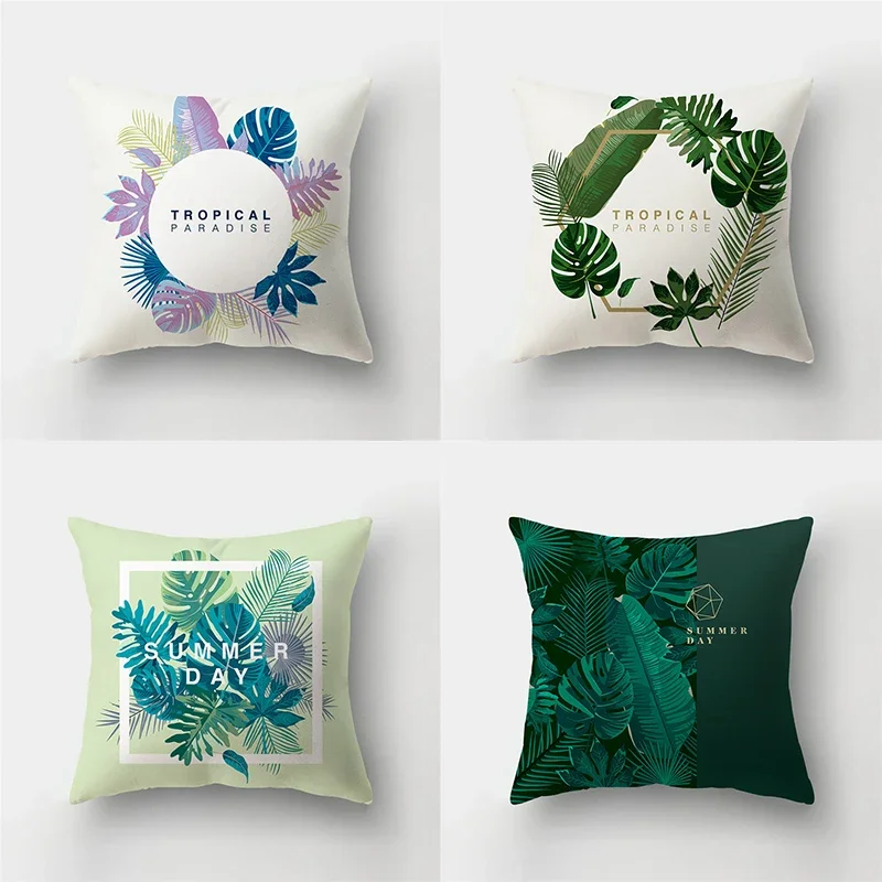 

Fresh summer leaf pillowcase green letter square cushion cover tropical plant sofa waist toss bedroom home decor