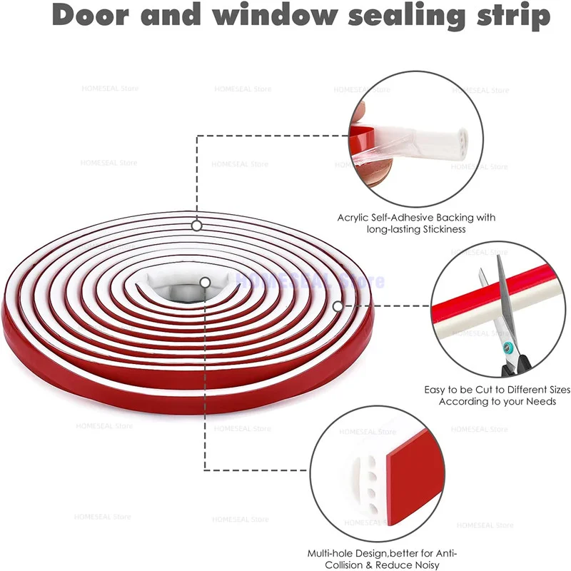 6M Silicone Rubber Weather Strip Multi-Hole Design Seal Strip for Doors and Windows Self Adhesive Anti Collision Soundproof Tape