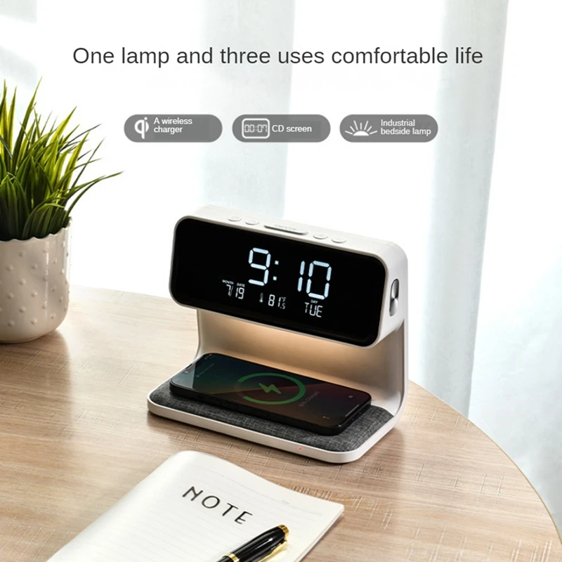 Reloj despertador con carga inalámbrica y luces, estación de carga de reloj despertador digital regulable para dormitorio, mesita de noche, oficina, duradera