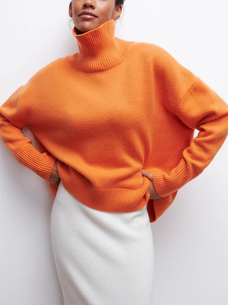 Candy Color Women\'s Turtleneck Oversized Sweater 2024 Autumn Orange Soft Thick Knitted Pullovers for Women Jumpers with Sleeve