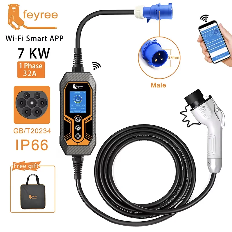 Feyree GB/T Tragbares EV-Ladegerät 32A 7KW 1Phase APP Bluetooth-Version EVSE 11KW 16A 3-Phasenkabel 5m CEE-Stecker für Elektrofahrzeuge