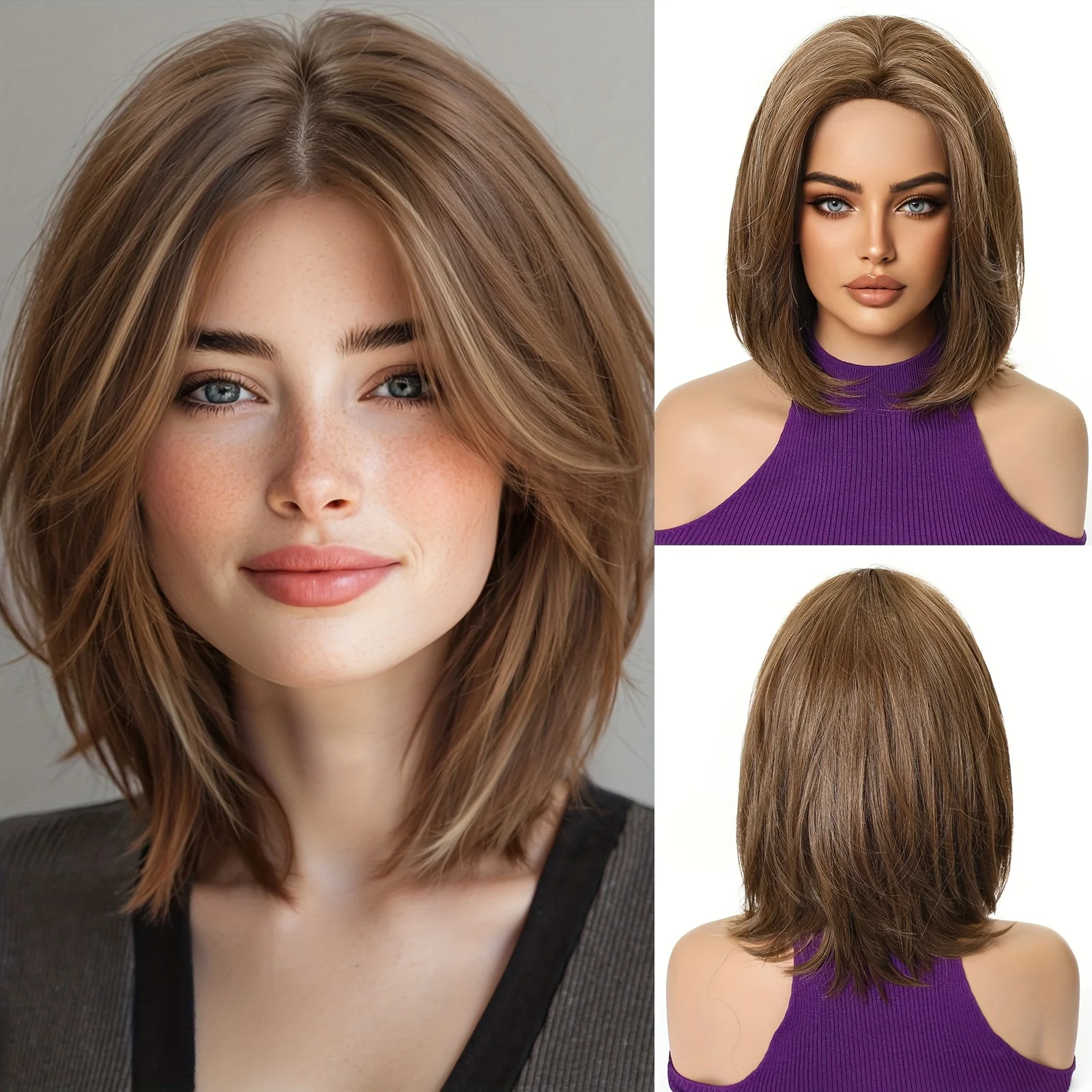 

12-дюймовый льняной коричневый многослойный парик боб с челкой и средней частью, высококачественное синтетическое высокотемпературное волокно