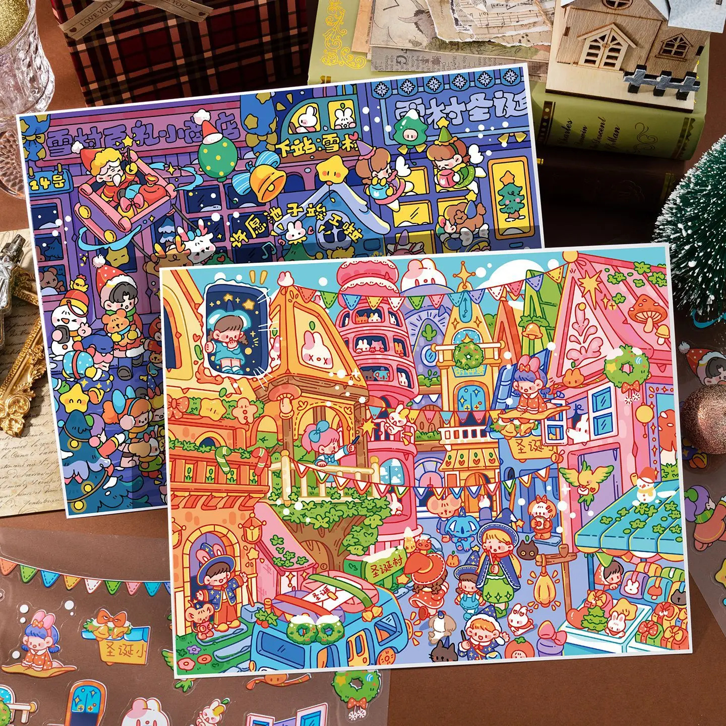 Plus Size Kawaii 3D Snow Village Weihnachten Miniatur Szene Aufkleber Kreative Festival Landschaft DIY Stapeln Scrapbook Aufkleber