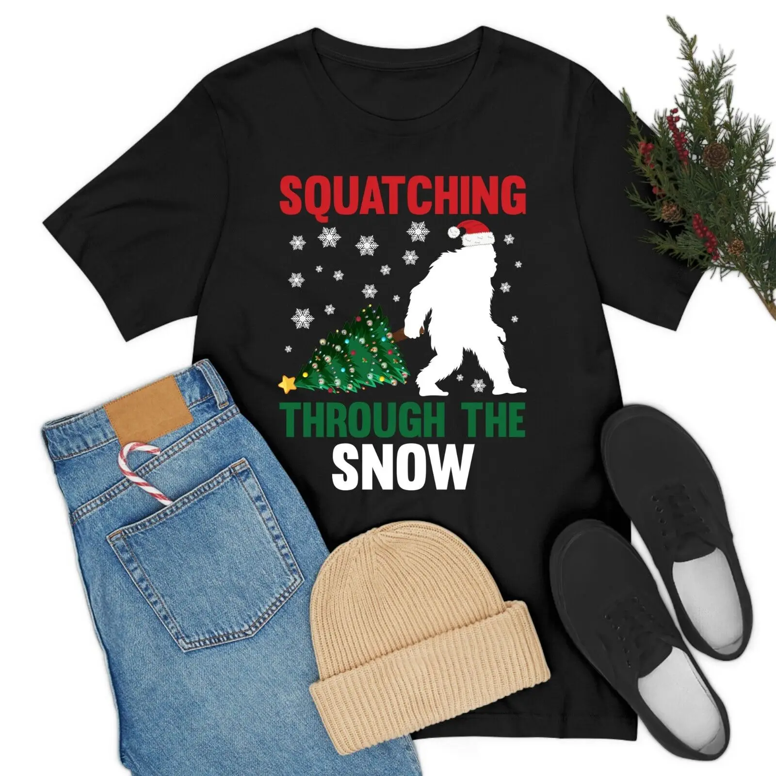 Squatching Through The Snow Funny Bigfoot Christmas Sasquatch T-Shirt