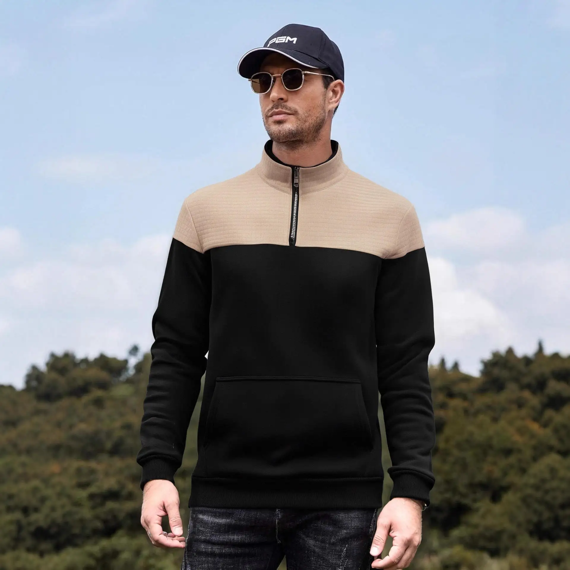 

New Men's Zipper Color Block Long Sleeve Sweatshirt Casual Sport Overhead Top Stand Collar Comfortable Polyester Fiber Autumn...