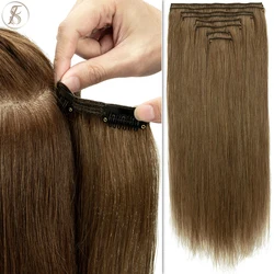 TESS 110g-170g Thick Human Hair Clip In Extensions 8Pcs/Set Straight Natural Hair Full Head Hairpiece Highlight Brown Blonde