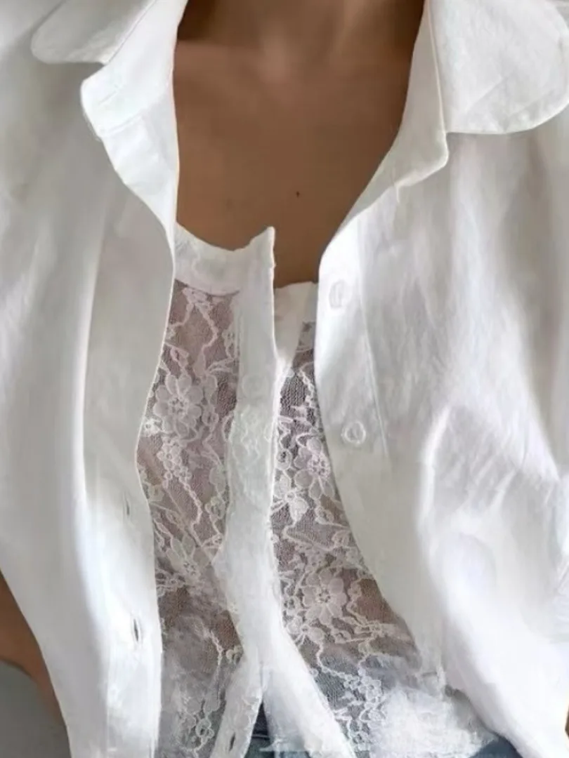 

Design Sensation Lace Splicing Fake Two-Piece irt Women Summer New Sle Elely Turned Collar Loose ort Top