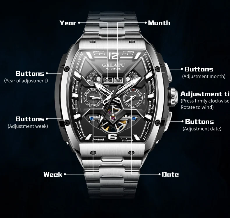 GELATU 6013 Highend Men Watches Waterproof Skeleton Date Week Display Luminous Big Dial Multifunction Wristwatch Reloj Hombre