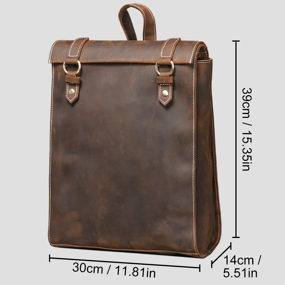 Vintage Crazy Horse Leather Backpack Men's Large Capacity Laptop Bag Distressed Travel Bag Flip Cover Student Schoolbag