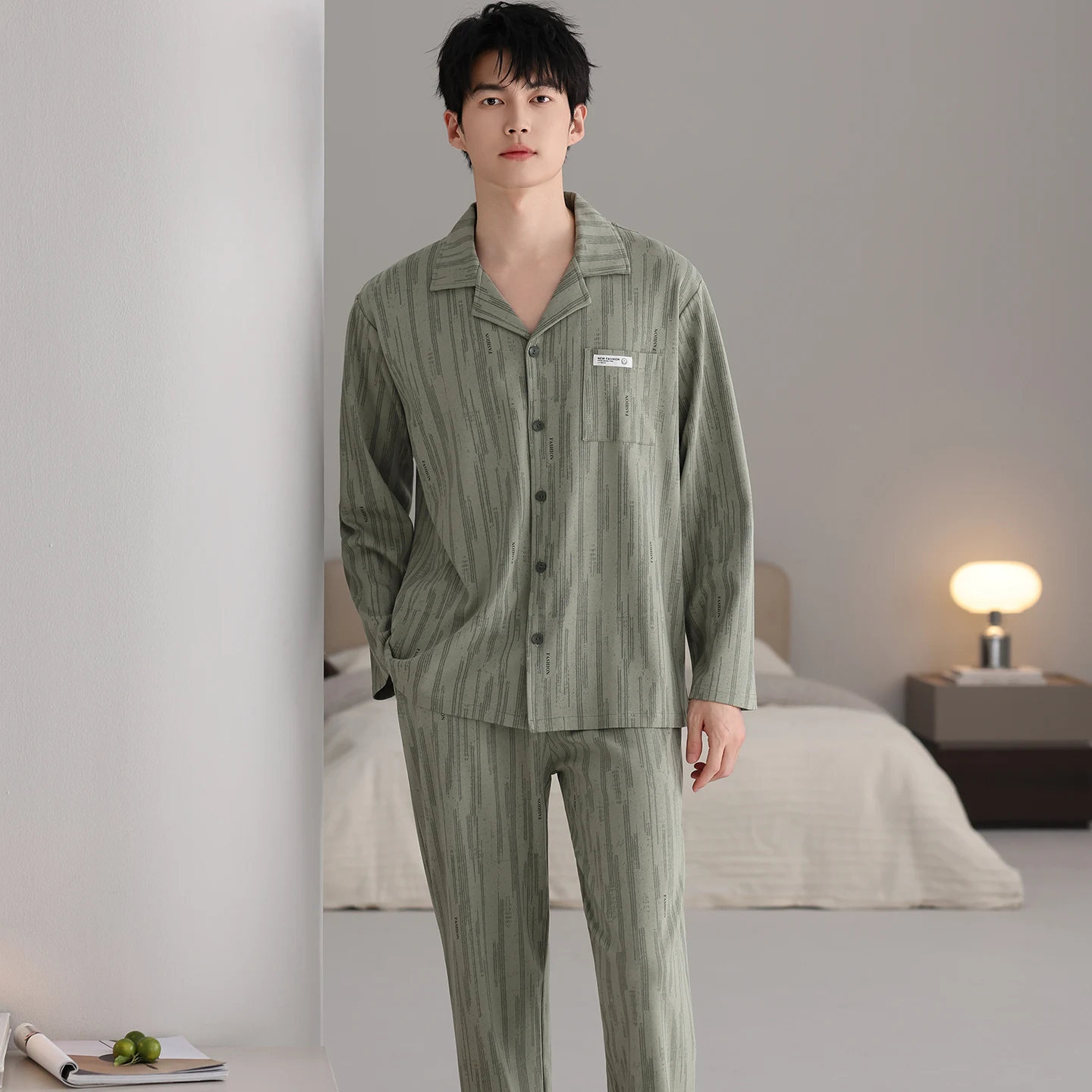 Men Lapel Pajamas Set L-6XL Cotton Male Long-sleeved Autumn Winter Pyjama Loose Men Home Set Fashion Sleepwear Tops + Pants 2PCS