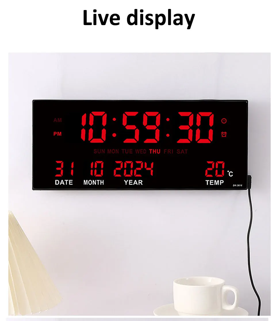 Digitale große Wanduhr, Alarm, Temperatur, Datum, Kalender, Anzeige, 8 Sätze Wecker, 35,6 cm, elektronische LED-Uhr, einsteckbar – Detail 13