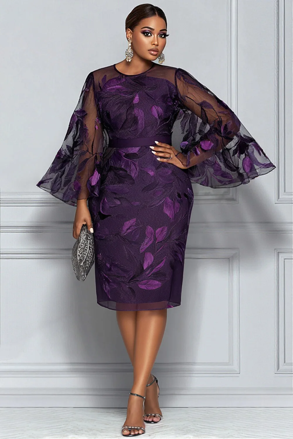 بالإضافة إلى حجم الدانتيل الرسمي الأرجواني جولة الرقبة مضيئة كم طويل Bodycon أنيقة انظر من خلال فساتين متوسطة الطول الساتان #1