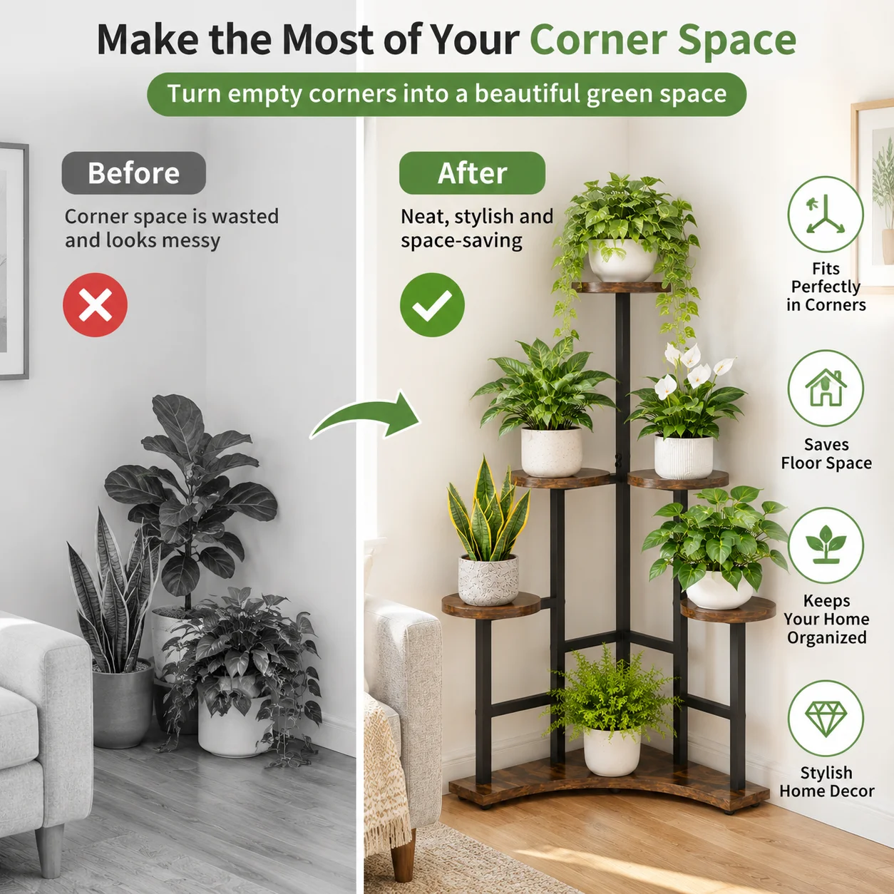 5 Tiers Wooden Plant Stand Holder Tall Corner Flower Display Rack Organizer Shelves