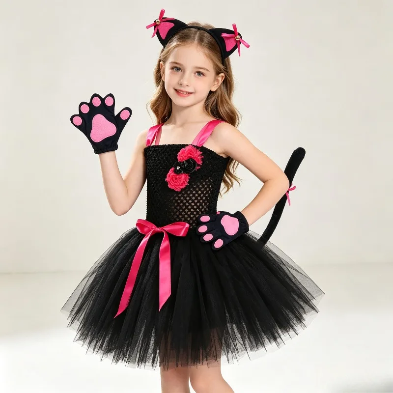 Girls Halloween Black Cat Tutu Dress Set Kids Cat Costume with Cat Ear Headband Tail Bow Tie  Carnival Party Fancy Dress Outfit