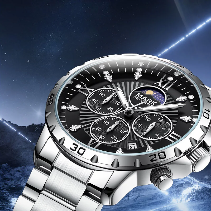

Mark Fairwhale модные кварцевые наручные часы классический многофункциональный хронограф мужские часы часы с фазой Луны для мужчин