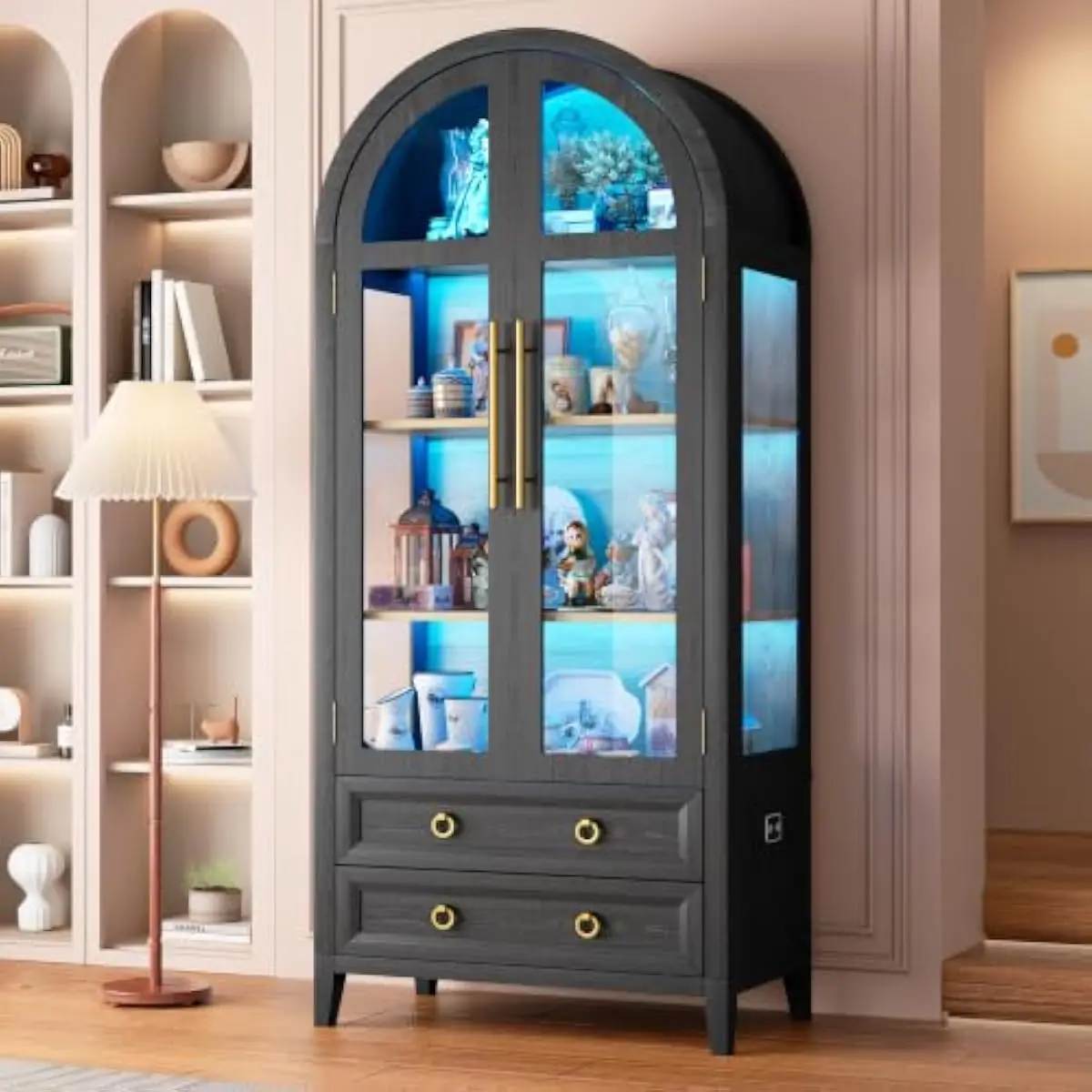 71-inch Tall Arched Display Cabinet with Smart RGB LED Lighting, Tempered Glass Doors, Magnetic Closures, 4 Open Shelves + 2 Smo
