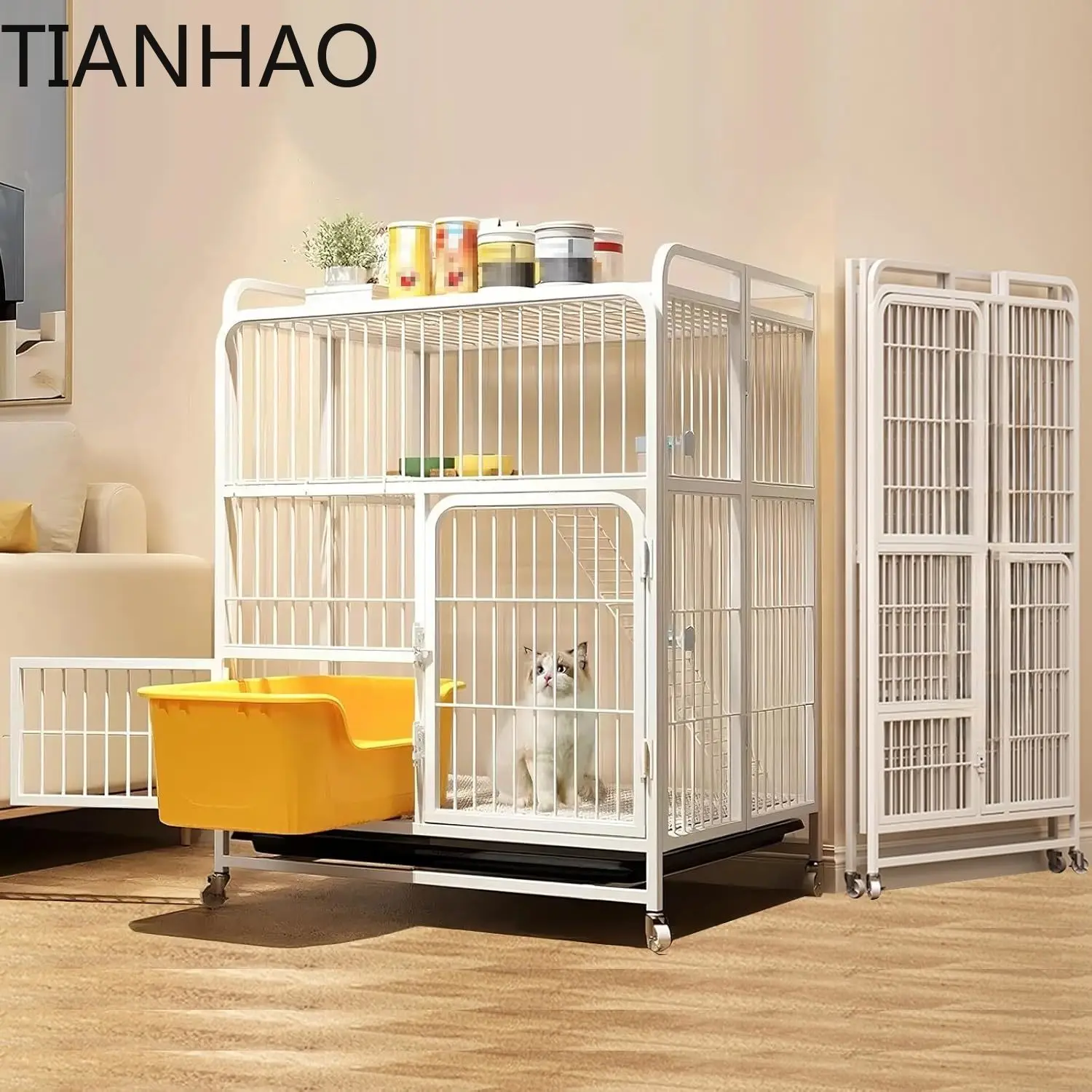 2-Tier Collapsible Cat Cage Playpen for Indoor Use with 360° Wheels Metal Wire Construction Secure Lock Large Size for Kitten