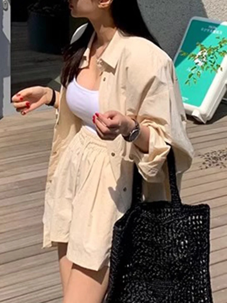 Korean Long Sleeve Sun Protection Shirt Elastic Waist Wide Leg Shorts Two Piece Set For Women 2024 Spring Summer