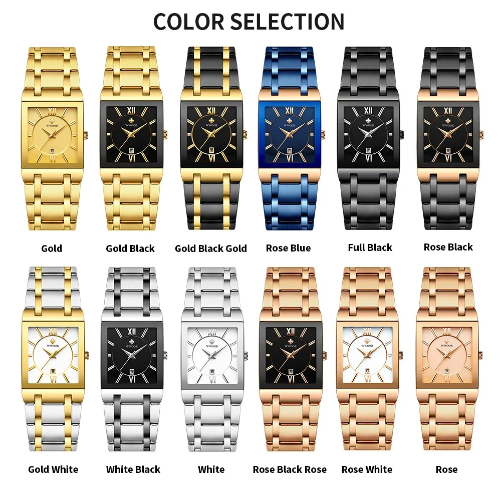 Reloj Masculino WWOOR, reloj dorado, relojes cuadrados para hombre, relojes de pulsera impermeables de acero inoxidable de cuarzo dorado de lujo de