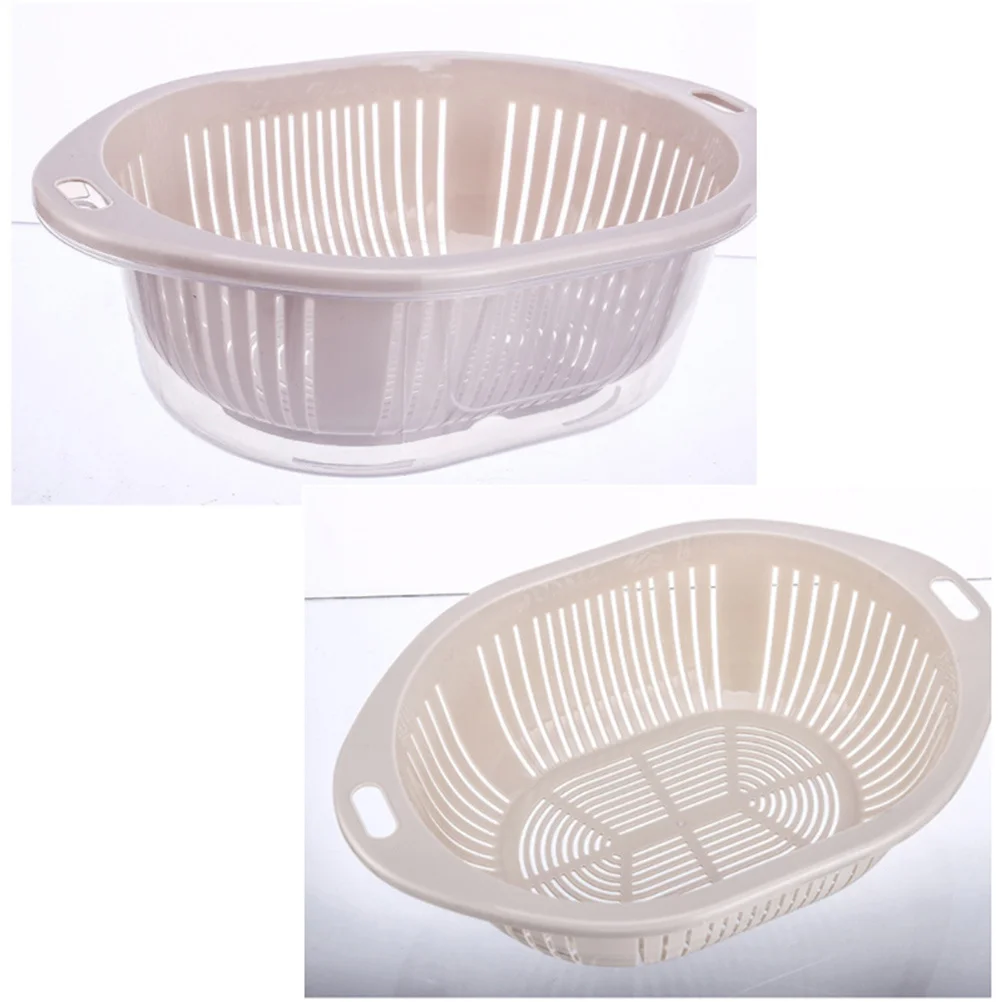 

Large Beige Double-Layer Vegetable Washing Basket PP Drain Basket Fruit Storage Rack Kitchen Washing Helper