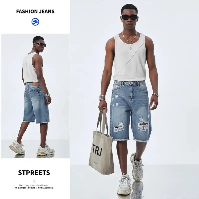 

New 2026 Summer Seven-Point Denim Shorts for Men, Loose Slim Fit, Vintage Streetwear Style, Ripped and Distressed, Knee-Length,