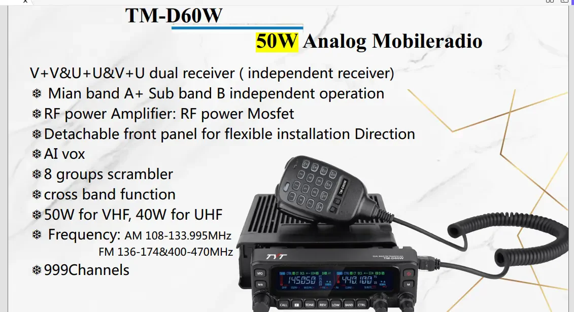 TYT TM-D60W Long Range 50wpower With Cross-band Function Like Yeasu Ham Car Radio Walkie Talkie NR-N7500 Talkie-Walkie
