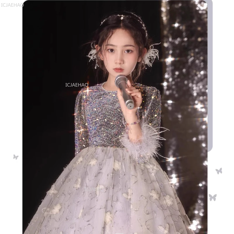

Детское праздничное платье принцессы с блестками для девочек, вечернее платье для фортепиано, торжественное бальное платье, костюм для выступлений, детское праздничное платье