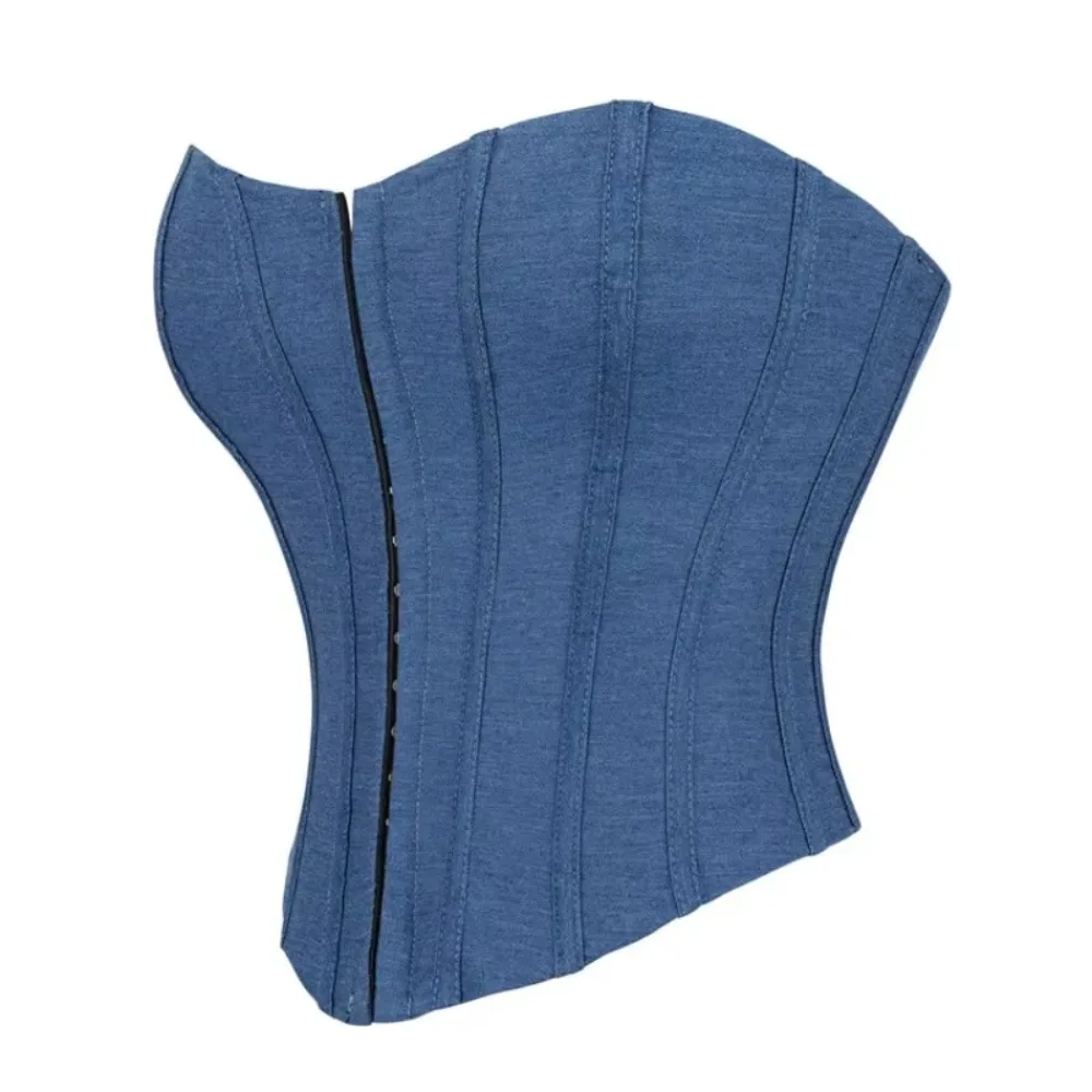 Blue Color Denim Single Breasted Vest Corset Women's Strapless and Chest Support Court Style Shaping Tops Corset Bustiers