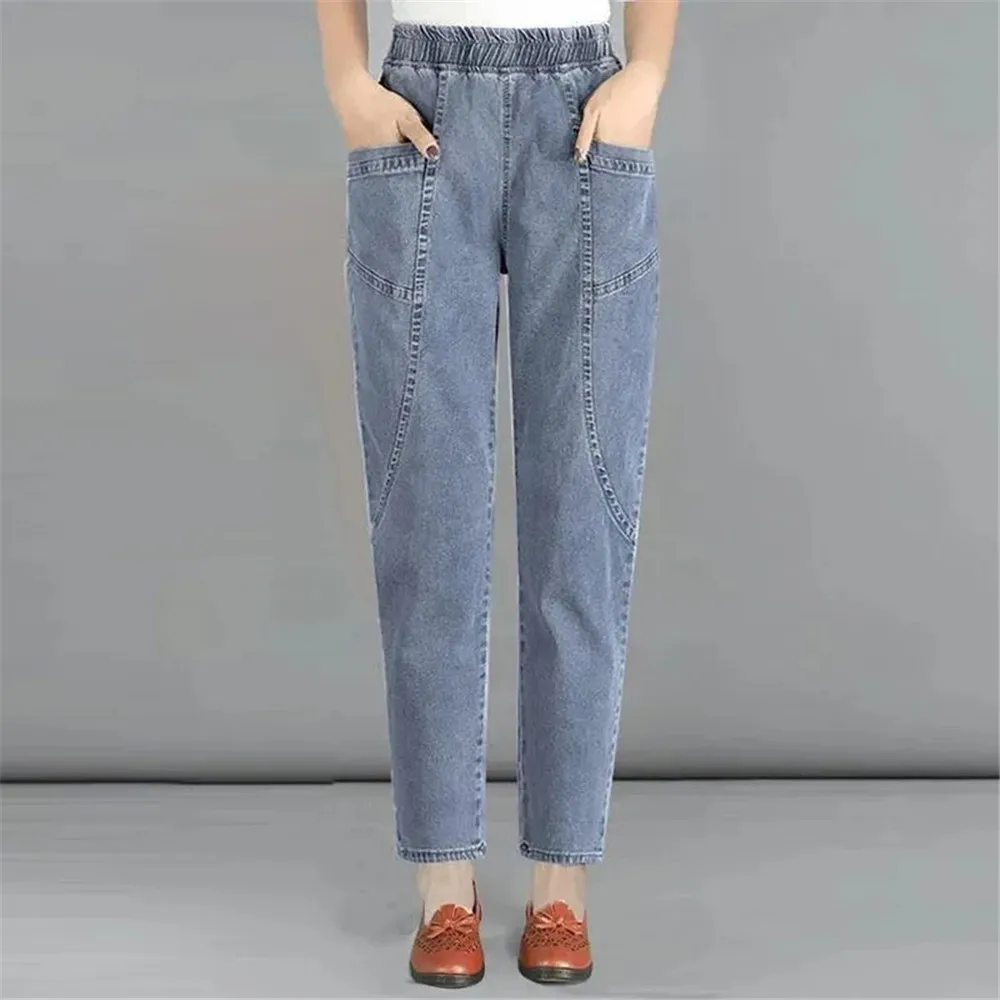 Vintage High Waist Ankle-length Blue Jeans Harem Elastic Denim Pants Large Size 4xl Woman Jogger Vaqueros Casual Baggy Spodnie