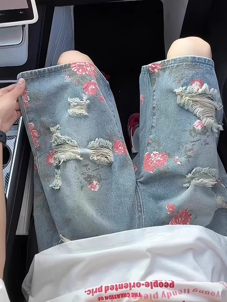 

Floral Print Ripped Denim orts Men's Summer Thin High Waist Loose Fit Four to Five Length American Sle Casual orts