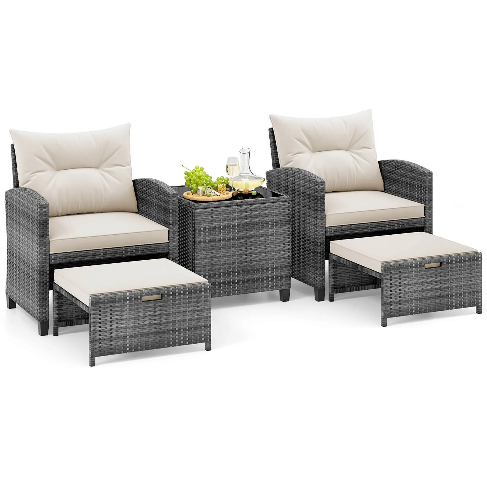 5 Piece Patio Rattan Furniture w/ 2 Ottomans & Tempered Glass Coffee Table