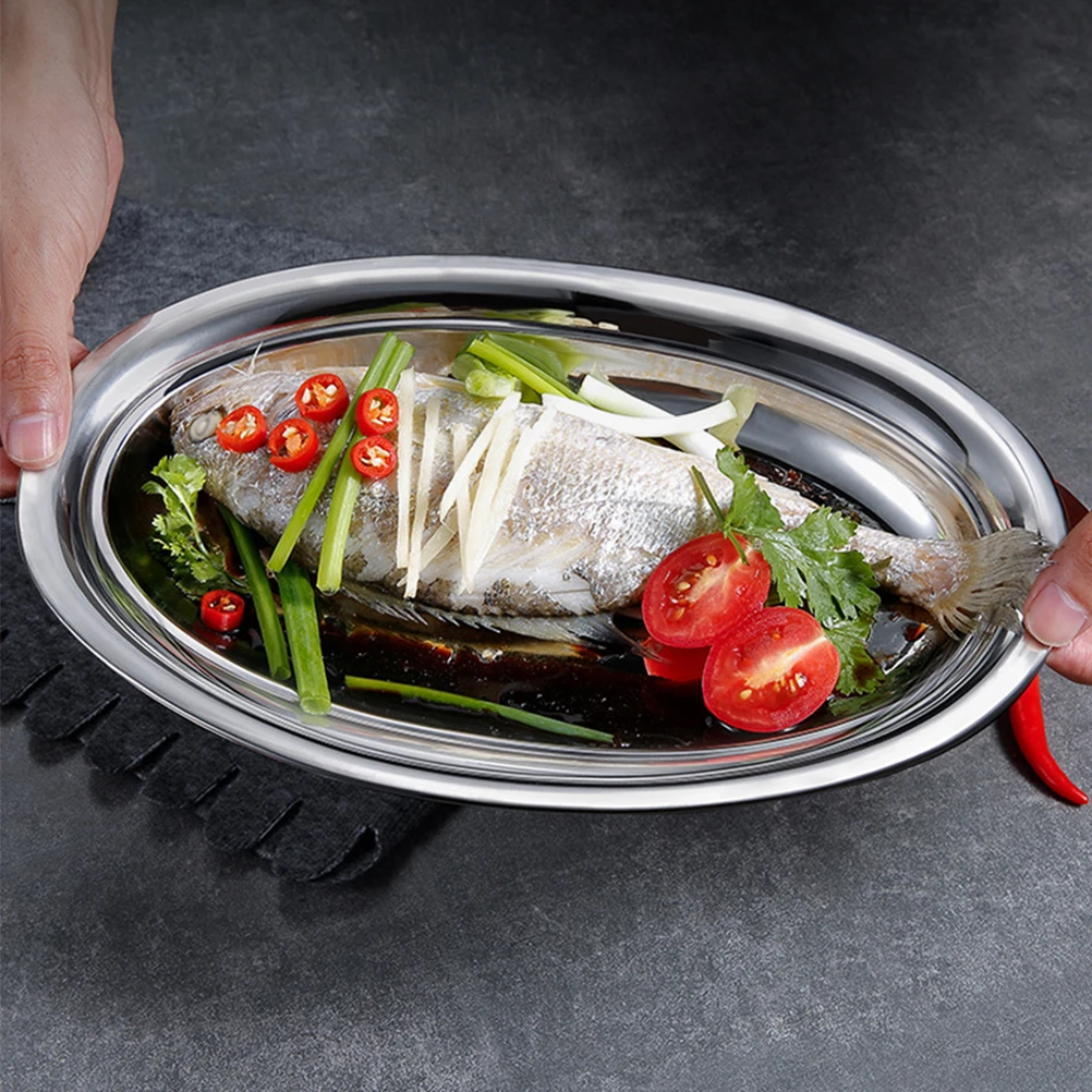 

Stainless Steel Fish Steamer 304 Microwave Safe Elliptical Kitchen Snack Pastry Serving Tray Fruit Plate Home Dining