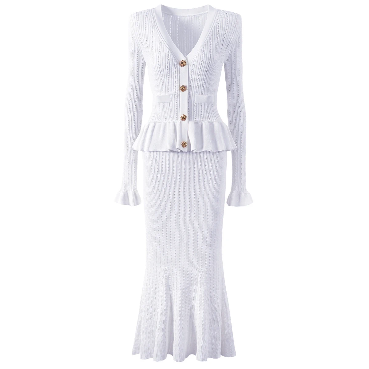 Spring New Women Fashionable Solid Color Knitted Hollow V-neck Diamond Button Lotus Leaf Long Sleeved Fish Tail Slim Fit Dress