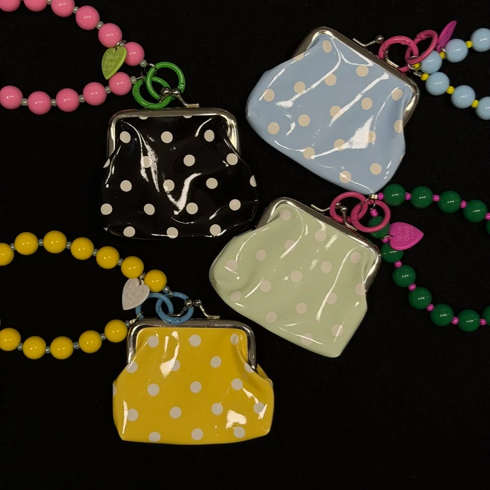 Kawaii Polka Dot Kiss Lock Coin Purse Keychain Beaded Wrist Strap Mini Pouch Bag Charm Girls Small Wallet For Coins Earbuds