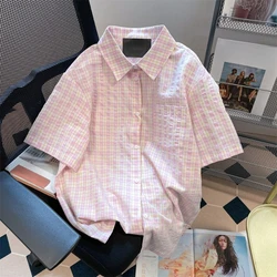 EBAIHUI Women Summer Checkered Shirts Pink Plaid Japanese Casual Wear Blouse Single Breasted Girly Sweety Short Sleeve Blusas