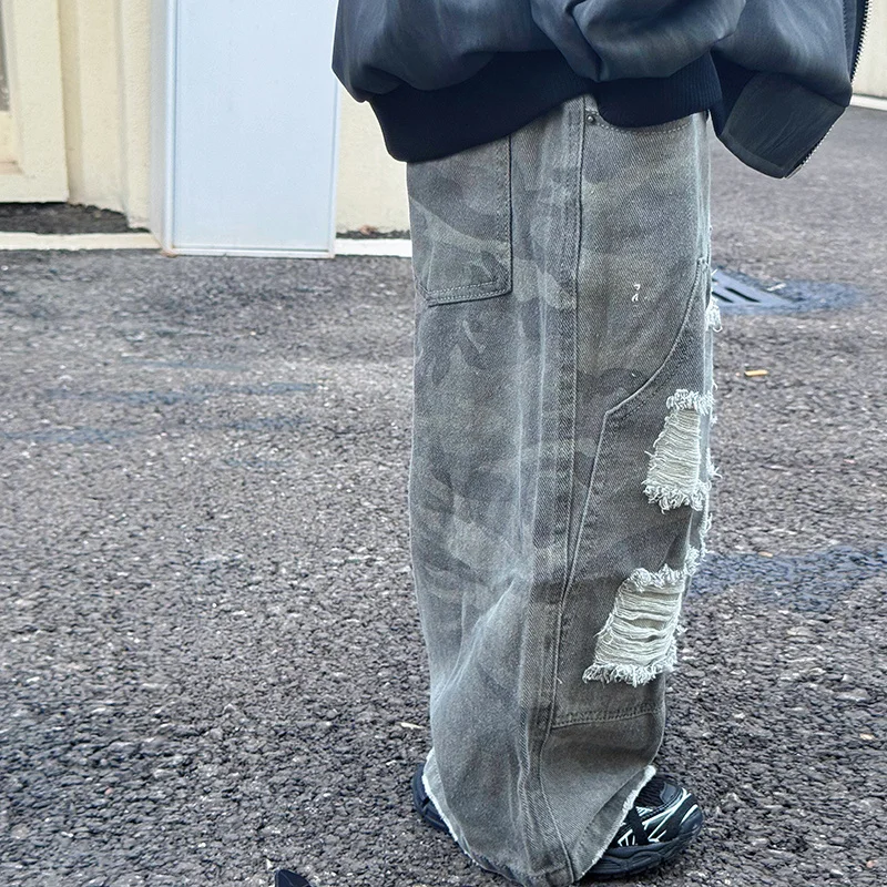 Baby Boy Beggar Jeans Ripped for Kids Black Hip-hop Hole Beggar Jeans American Street Wide Denim Pants Child Camouflage Jeans